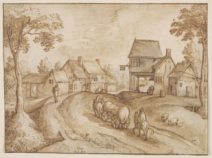 A Covered Wagon Traversing a Road Between Two Inns top image