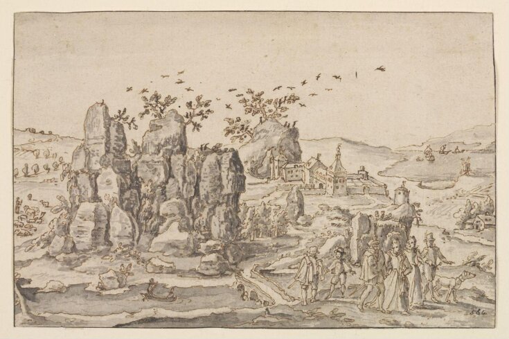 A Rocky Landscape with an Abbey or Manor House in a Valley and Figures in the Foreground top image