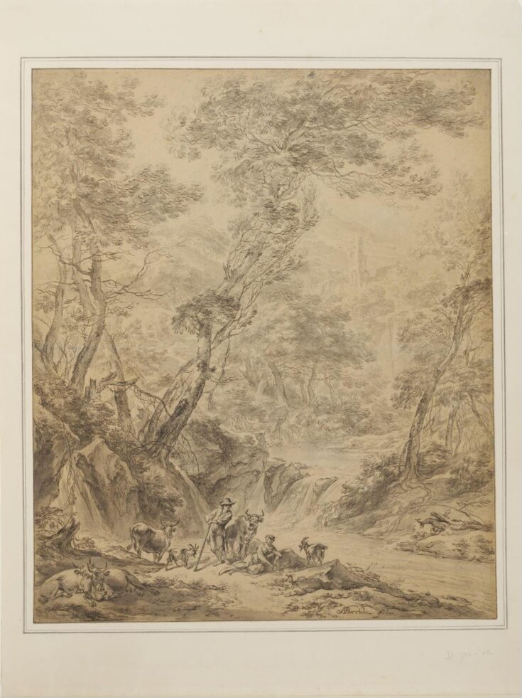 Landscape with figures and animals near a waterfall top image