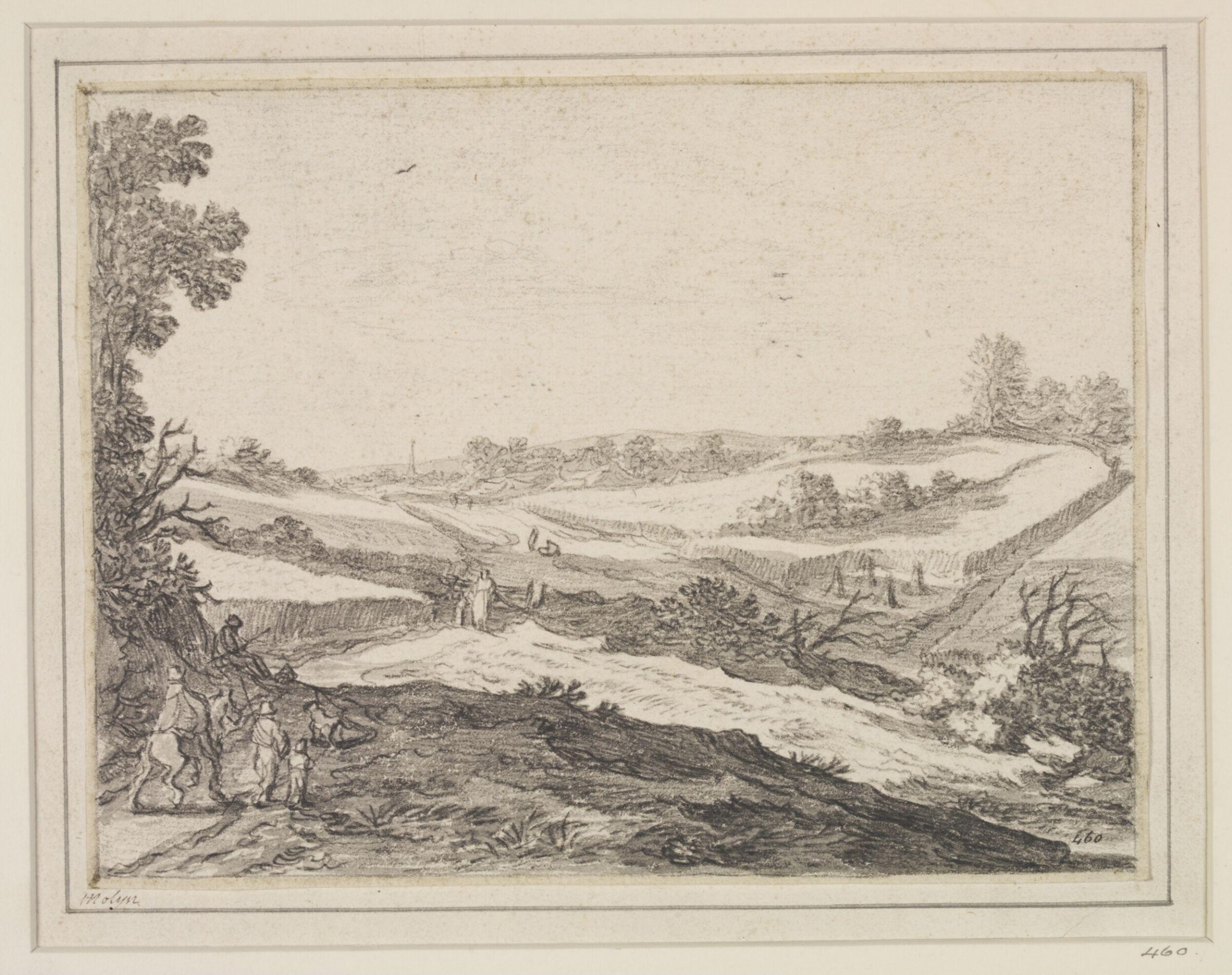 Landscape with grain fields, harvested stooks, and travellers in the left foreground, Pieter Molyn, 17th century