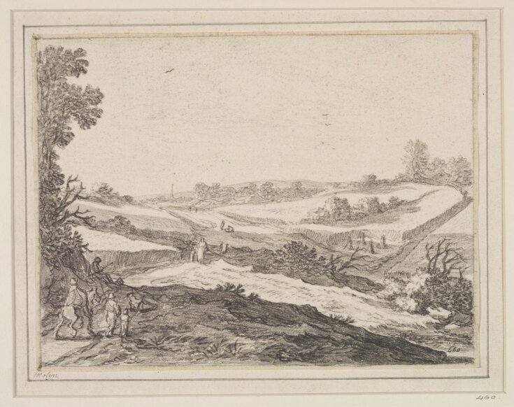 Landscape with grain fields, harvested stooks, and travellers in the left foreground top image