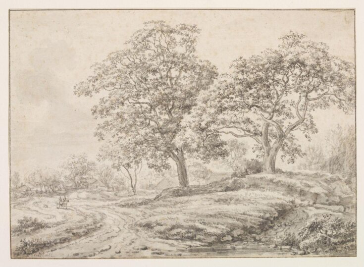 Grove of oak trees near a road with mounted travellers top image