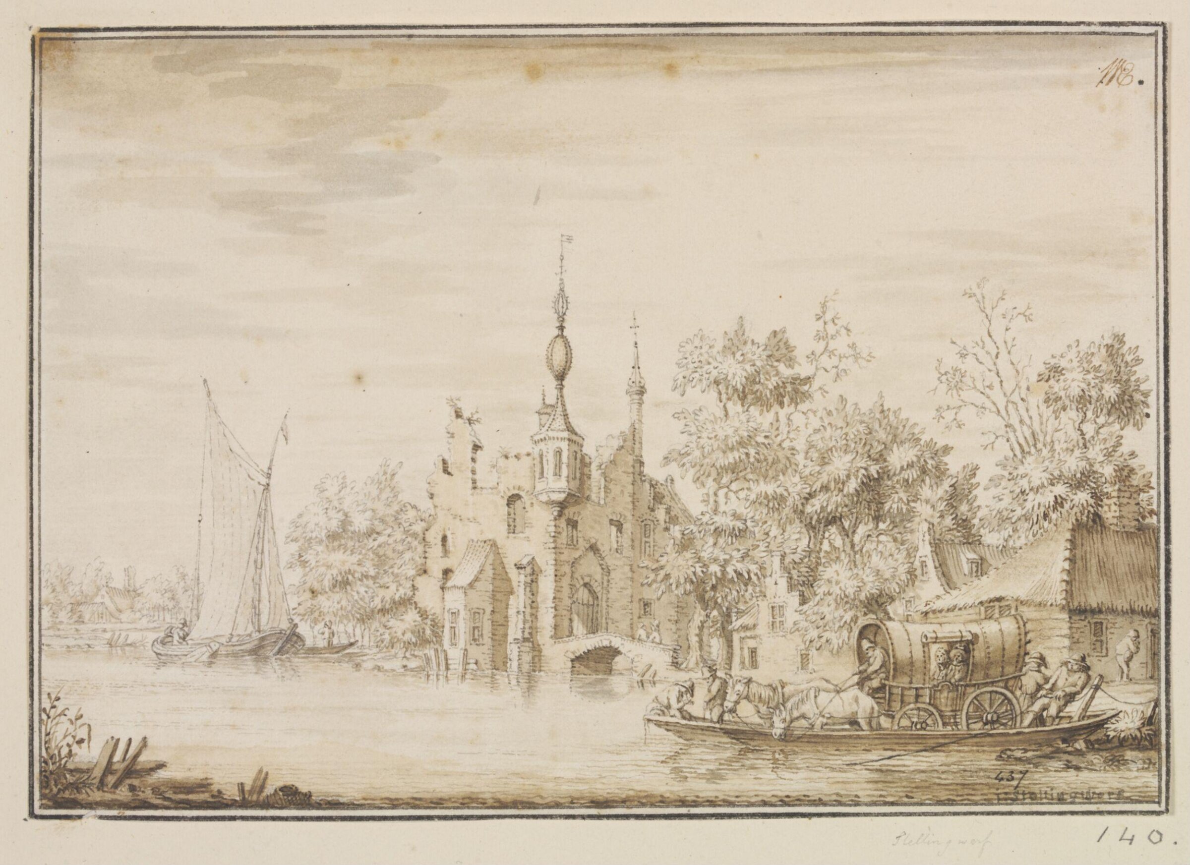 Fantasy view of the ruins of a castle on a river, with a barge crossing the ford, Antonina Houbraken