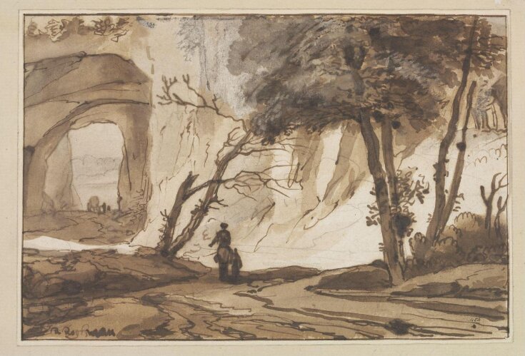 Landscape with figures in a deep ravine making their way towards a natural archway top image