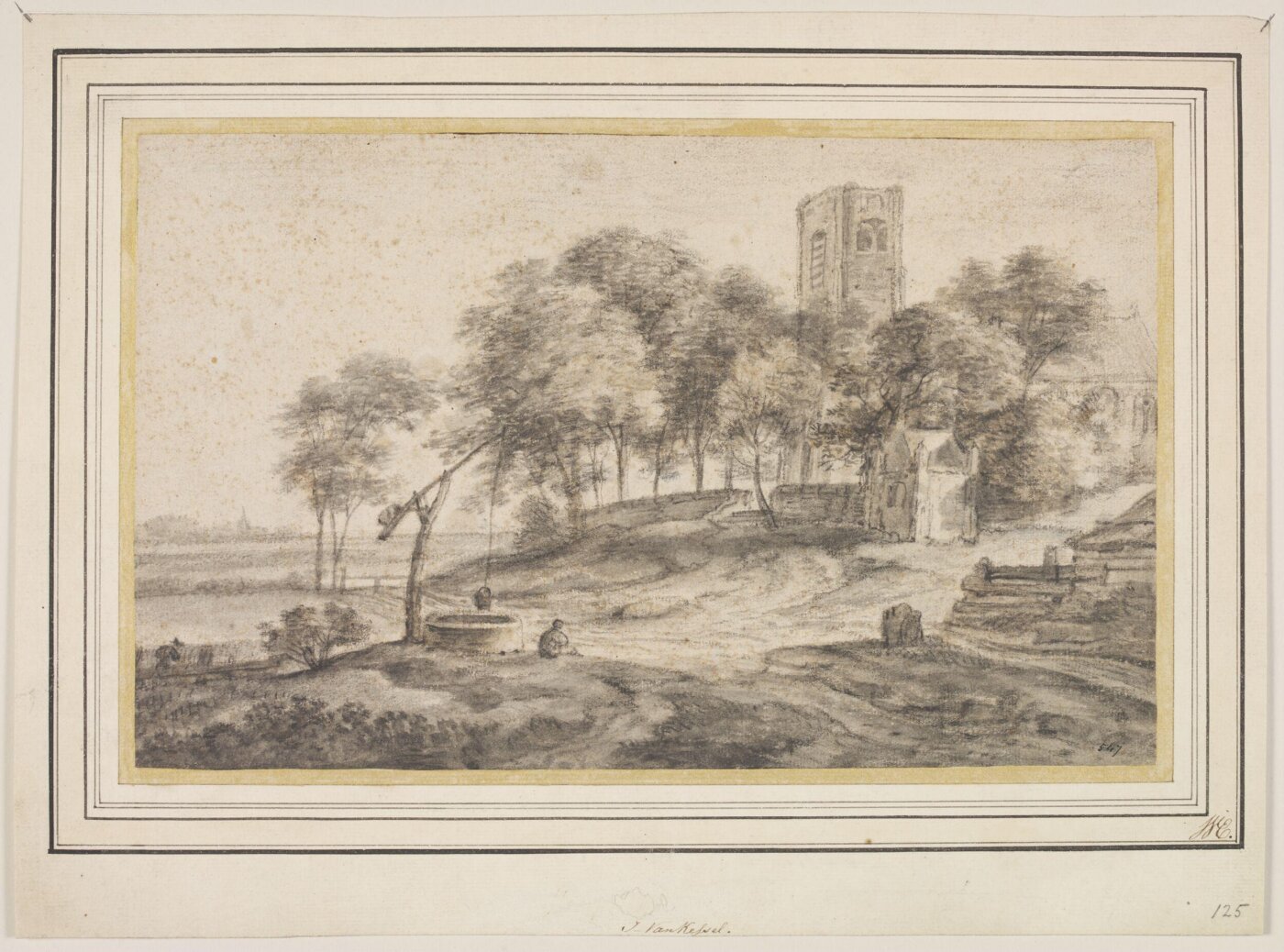 Simon de Vlieger, View of a country church with a man seated by a well