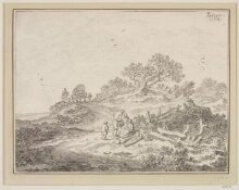 Dune landscape with wayfarers resting at the corner of a fence, and a wagon and a horseman on the brow of a hill thumbnail 1