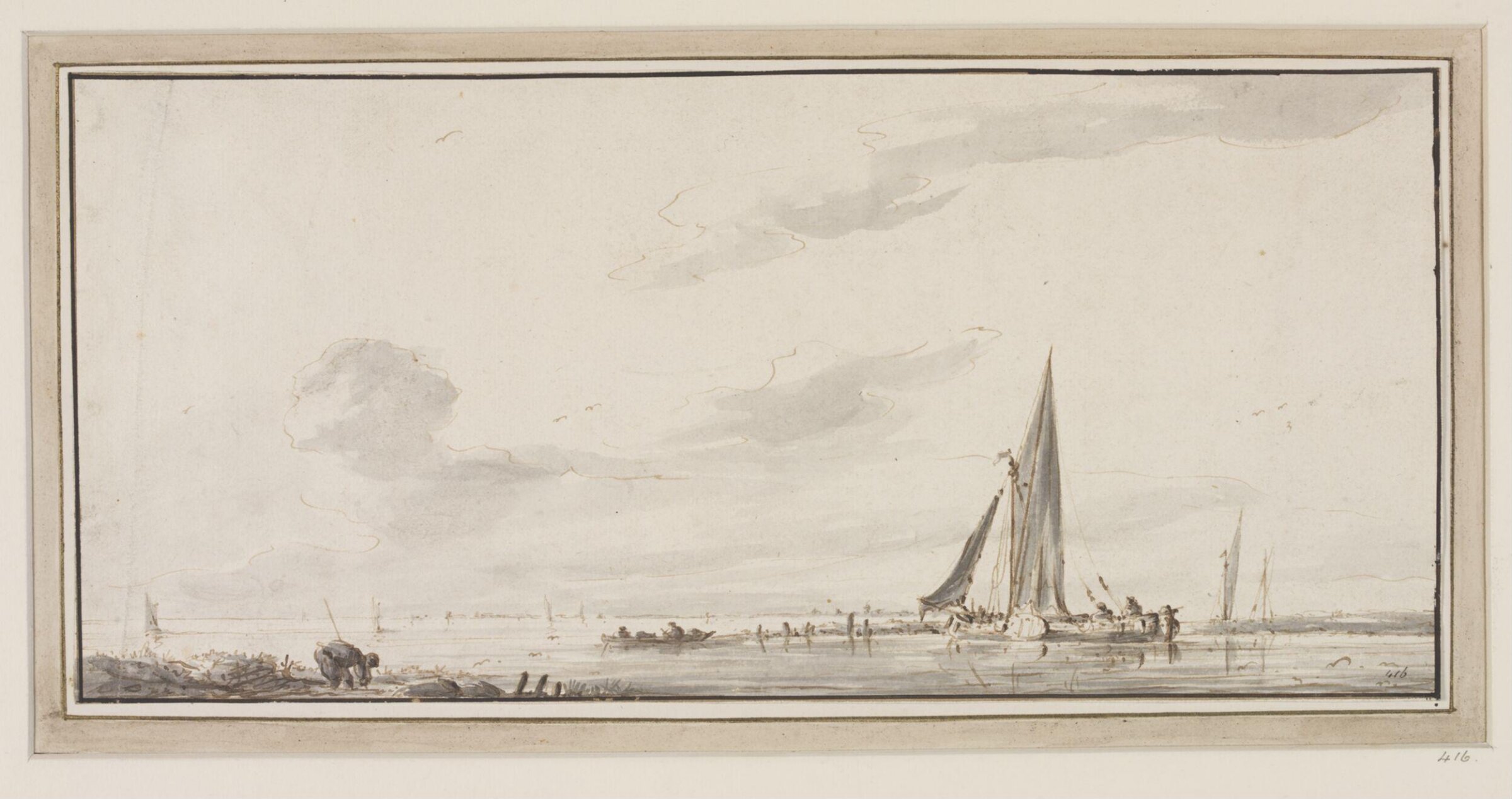 River Landscape With Sailing Boats and A Man Gathering Peat, Anthonij Erkelens, late 18th century