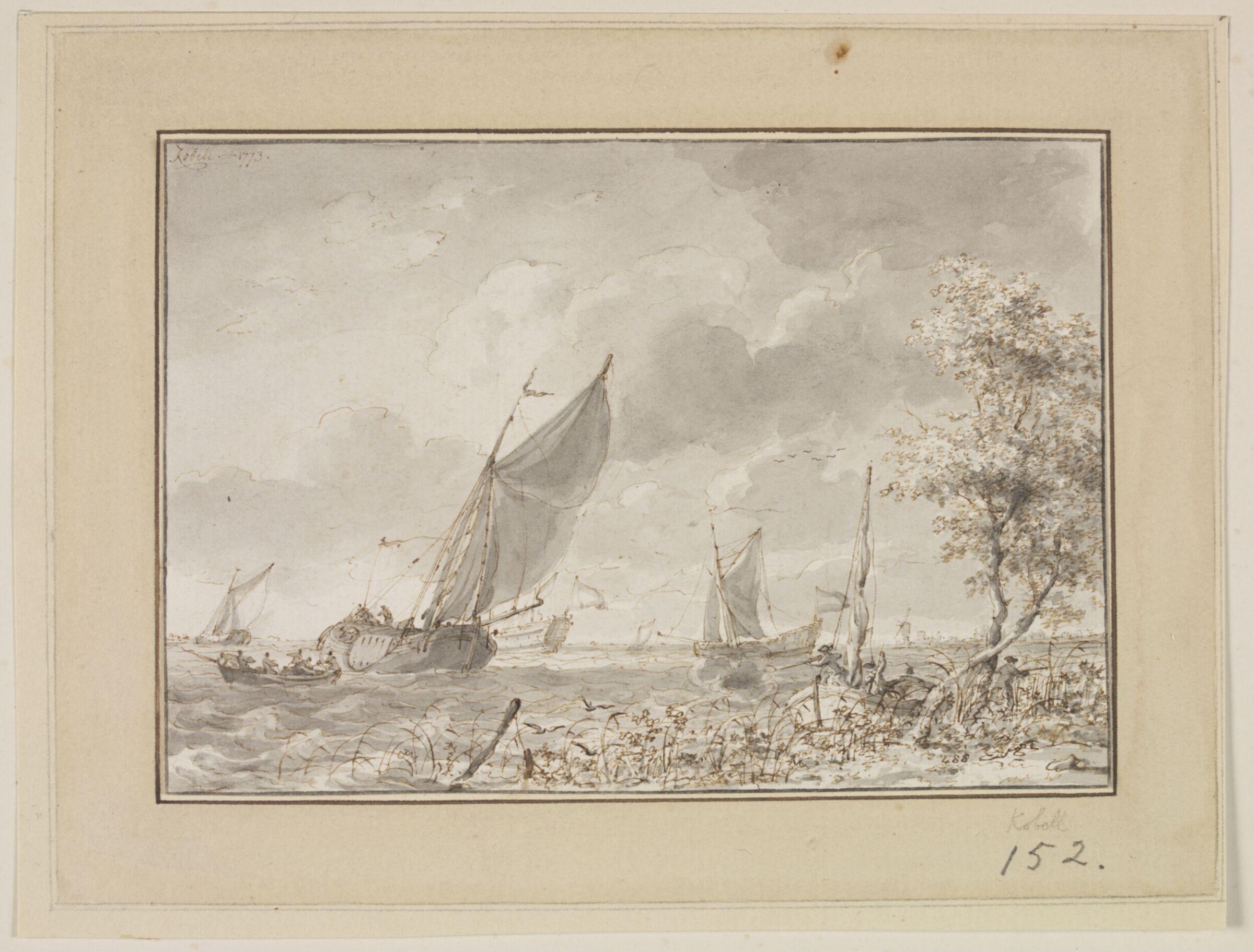 Shipping scene with duck hunters in the foreground, Hendrik Kobell, 1773