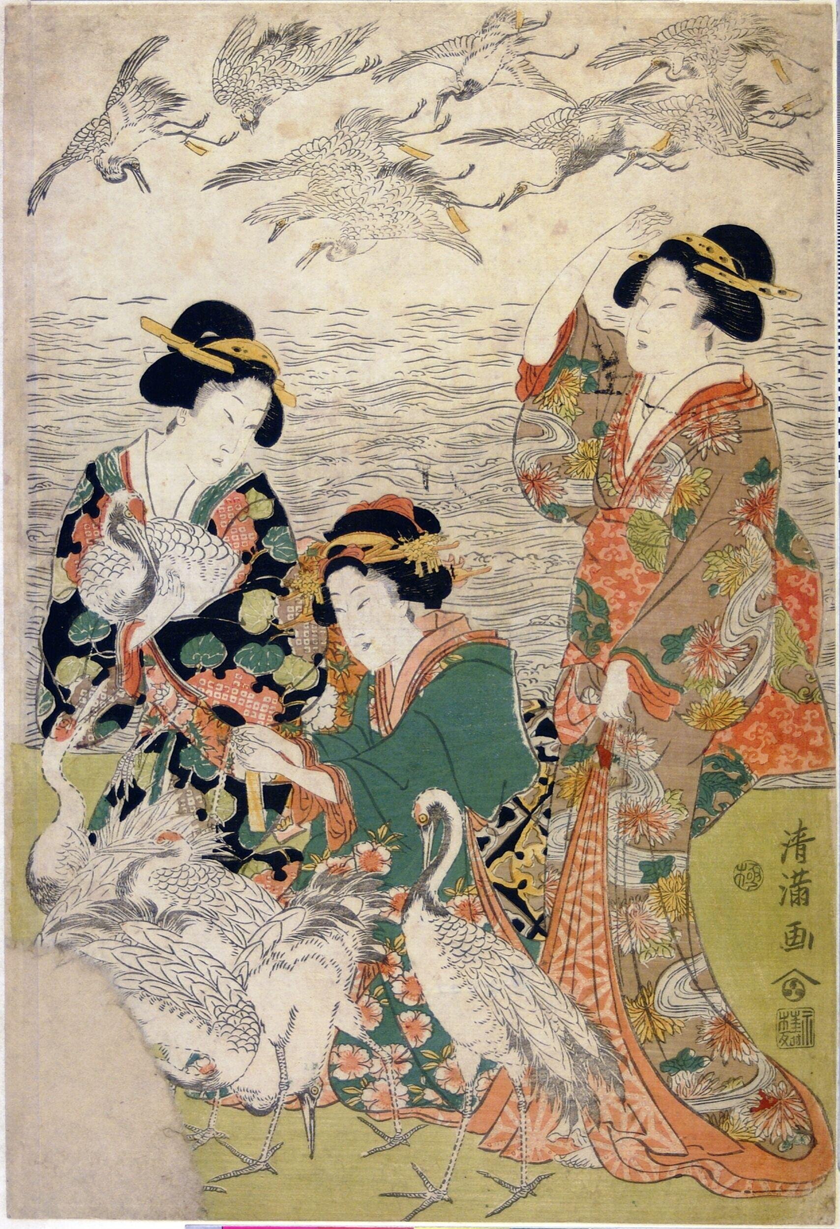 Parody of the story of Yoritomo releasing cranes at Yuigahama by Torii Kiyomitsu