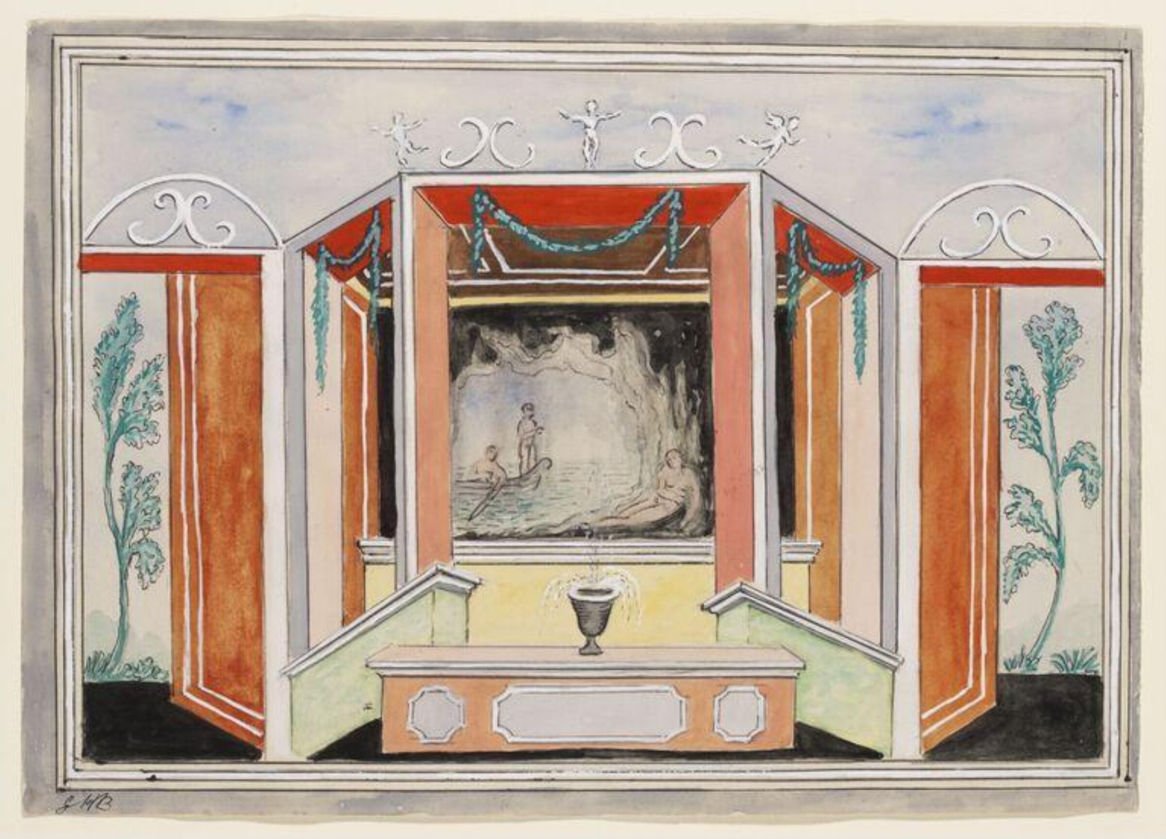 Pompeian style bathroom designed and painted for Edward James, Geoffrey Houghton Brown, 1931