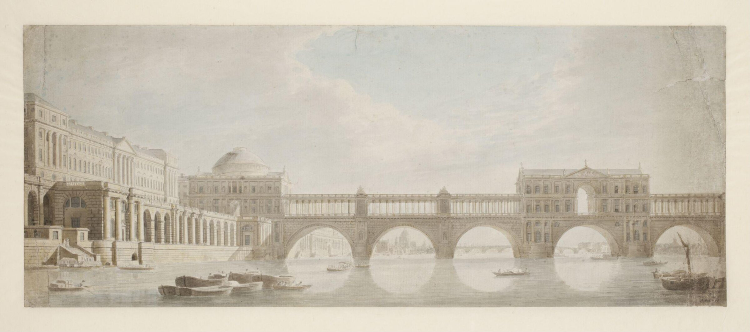 Perspective view of a Bridge of Magnificence over the Thames at Somerset House, Thomas Sandby, c 1781