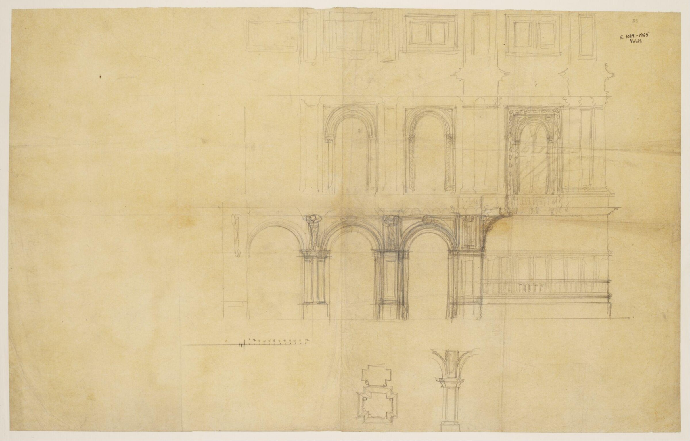 Design, projected elevation for the Quadrangle, showing alternative treatments, Godfrey Sykes, 1860-6