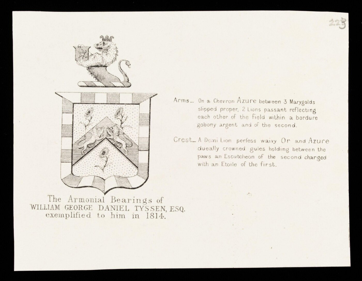 Unknown, The Armorial Bearings of William George Daniel Tyssen, exemplified to him in 1814