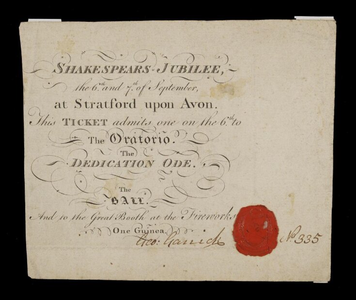 Entry ticket to the Shakespeare Jubilee Oratorio, Ode & Fireworks, Stratford-upon-Avon, 1769 top image