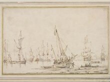 Vessels lying at the mouth of a river, one firing a salute thumbnail 1