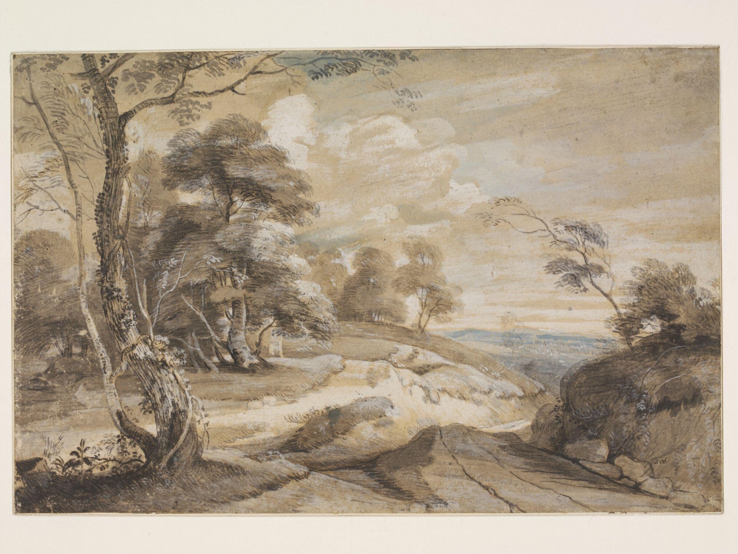 A Wooded Landscape with a Road Running Through a Cutting, Lodewijk de Vadder, 17th century