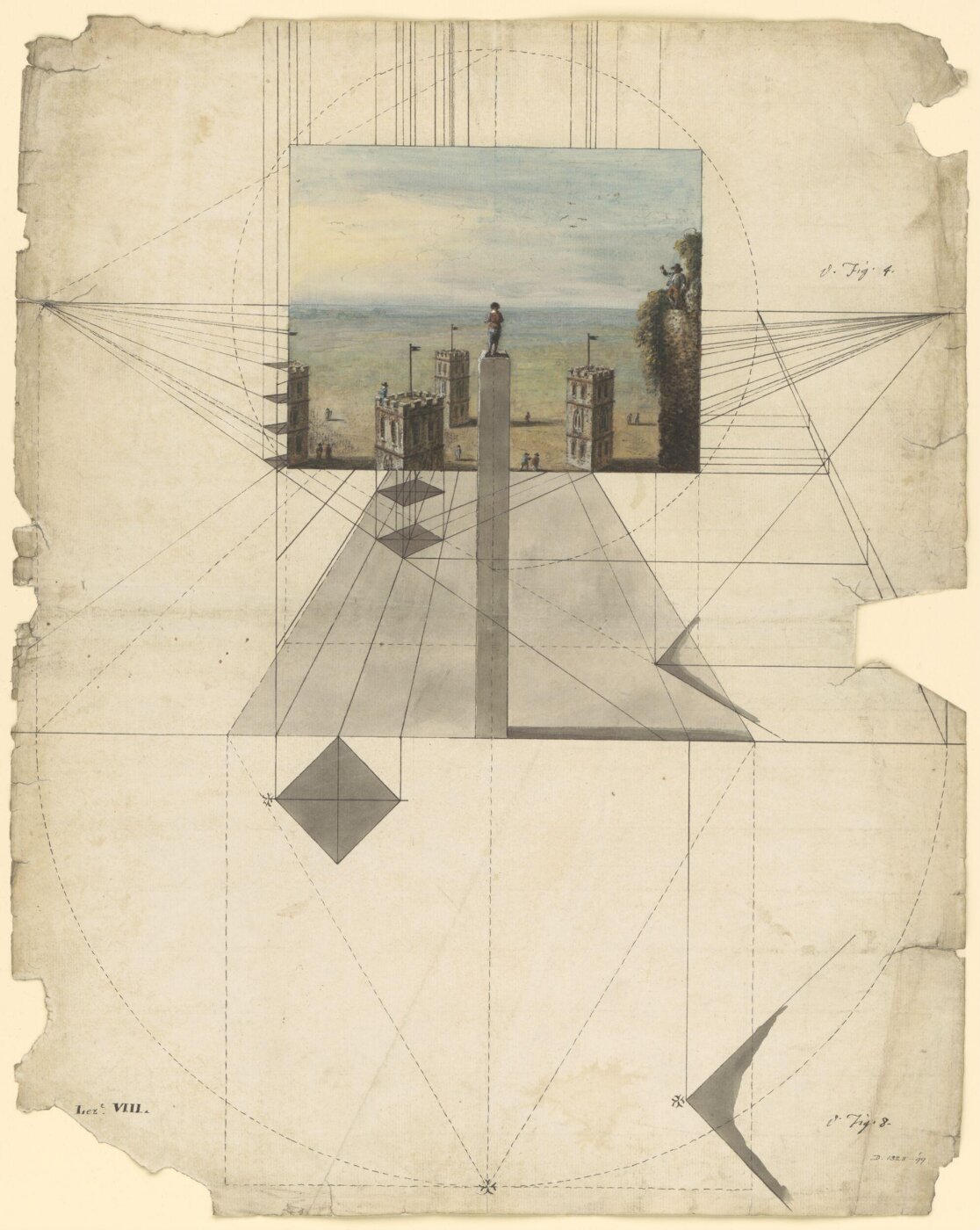 Unknown, A lesson in perspective showing a method of drawing towers from a point above them