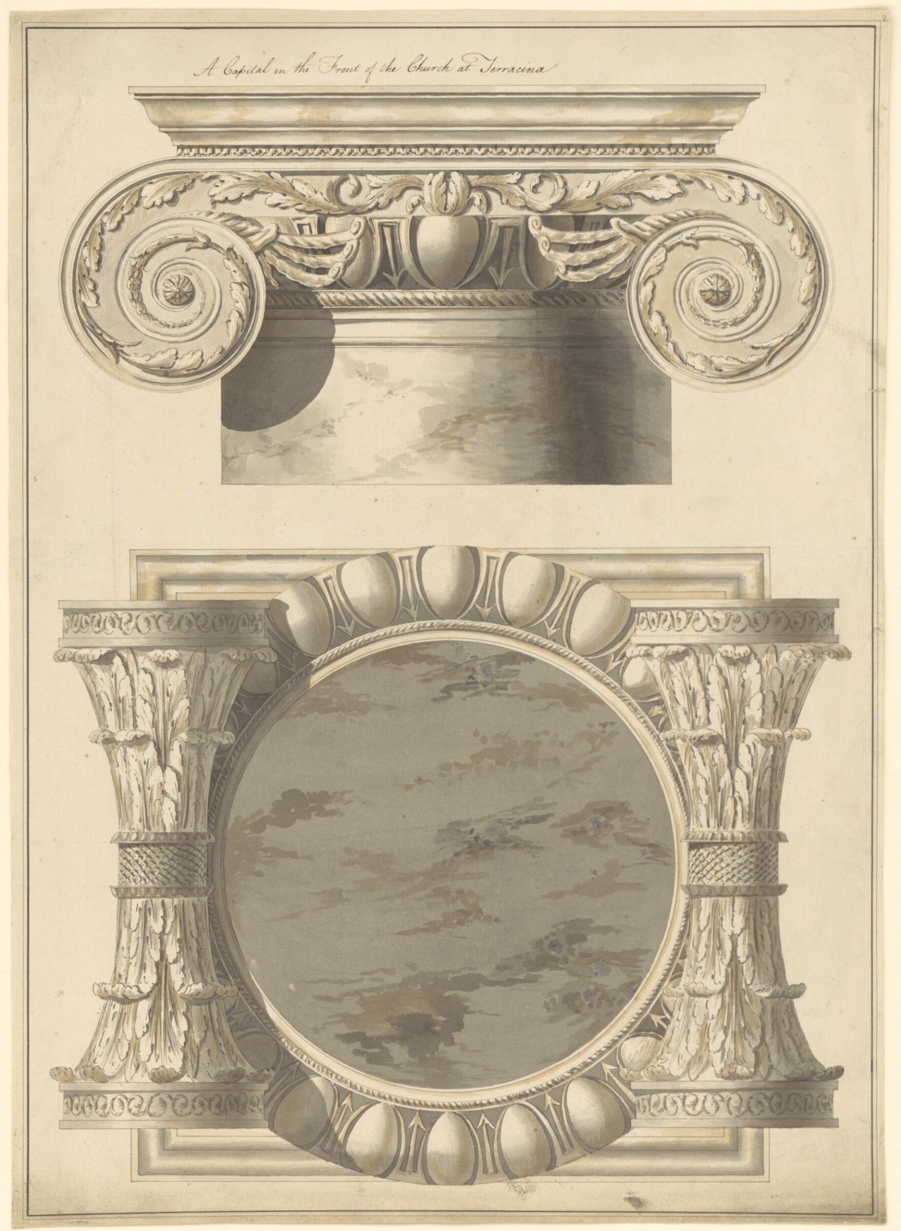 Plan and elevation of a capital in the front of the church at Terracina, Robert Adam, 1754-92