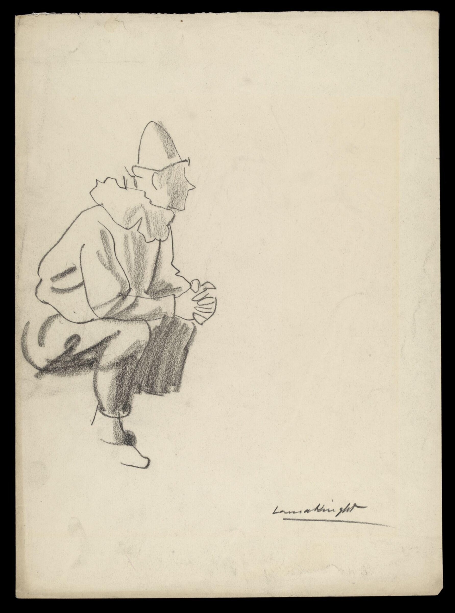 Seated clown at The Great Carmo or Bertram Mills' Circus, Laura Knight, ca. 1930
