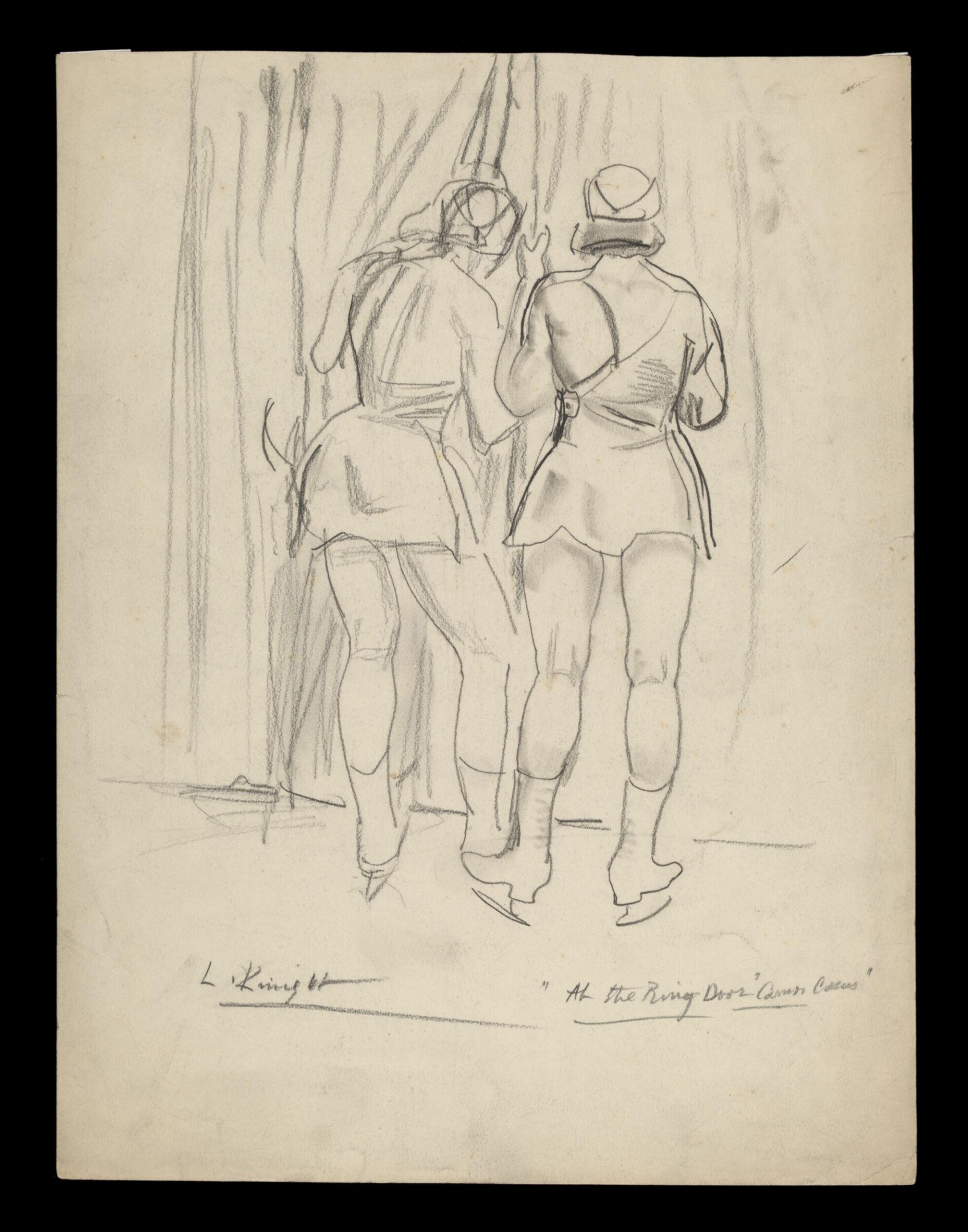 Laura Knight sketch of two performers looking through a curtain, Laura Knight, ca. early 20th century