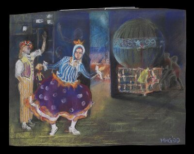 Sedov and Zoubarov about to perform their comedic balloon aerialist act with the Moscow State Circus, UK tour, 1998-2000, Mary Hardy Grierson, 1999