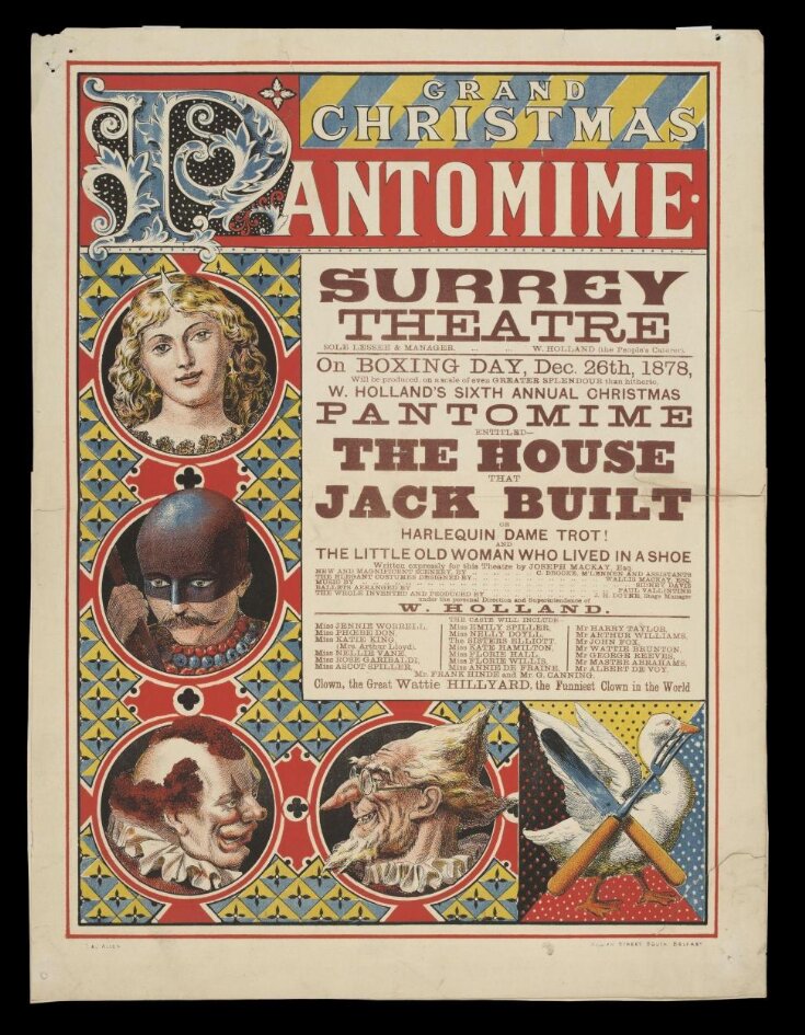 Poster advertising The House That Jack Built, or, Harlequin Dame Trot! The Little Old Woman Who Lived in a Shoe, Surrey Theatre, 26 December 1878 top image