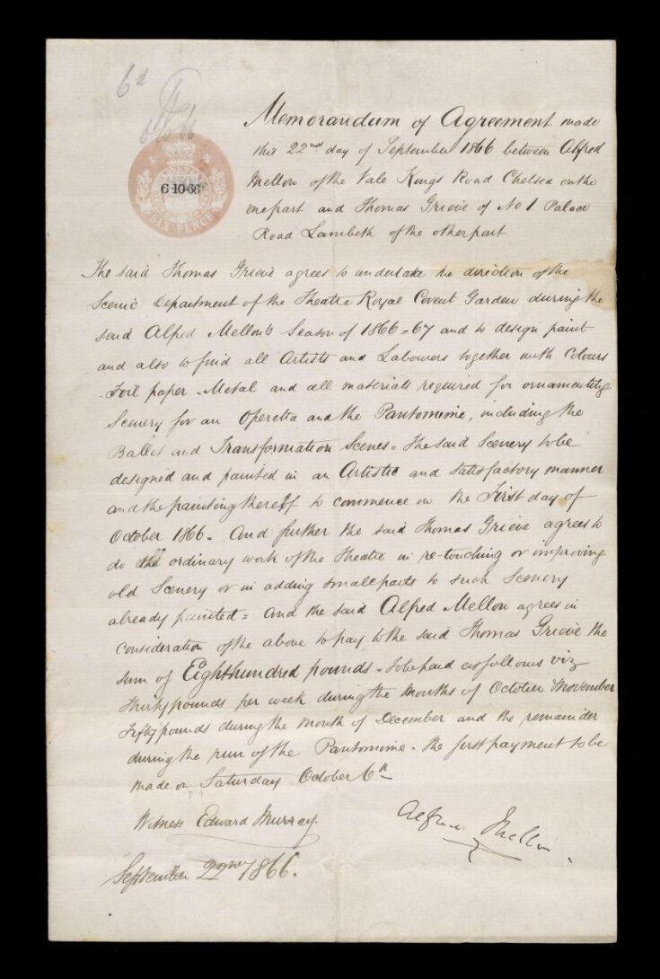 Memorandum of Agreement between Alfred Mellon and Thomas Grieve, 1866 top image