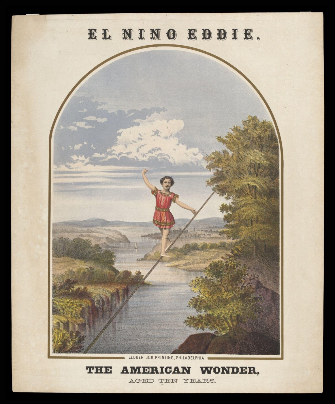 Unknown, Hanging card advertising the ten-year old El Nino Eddie on the tightrope