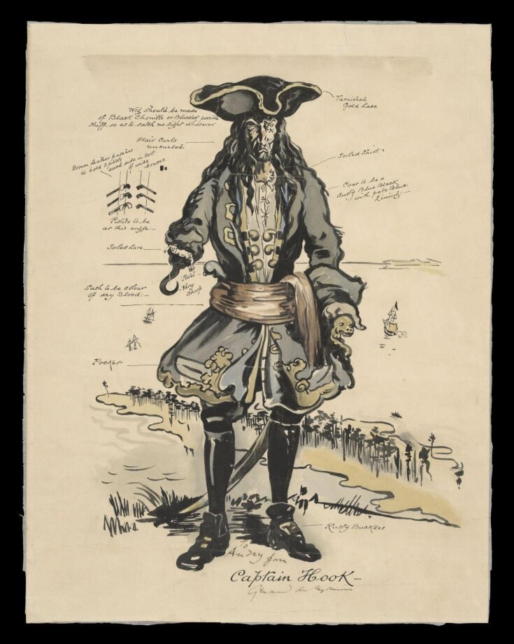 Costume design for Captain Hook by William Nicholson (1872-1949) for the first production of Peter Pan,  Duke of York's Theatre, 1904. top image