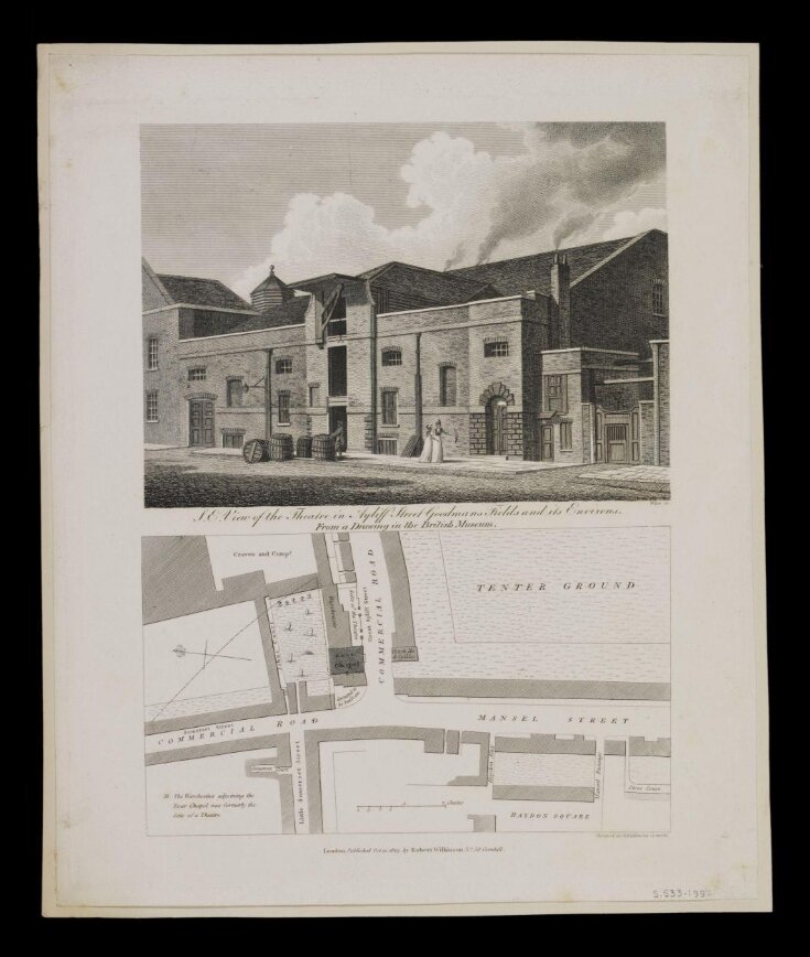 South East View of the Theatre in Ayliff Street Goodmans Fields and its Environs. From a Drawing in the British Museum. top image