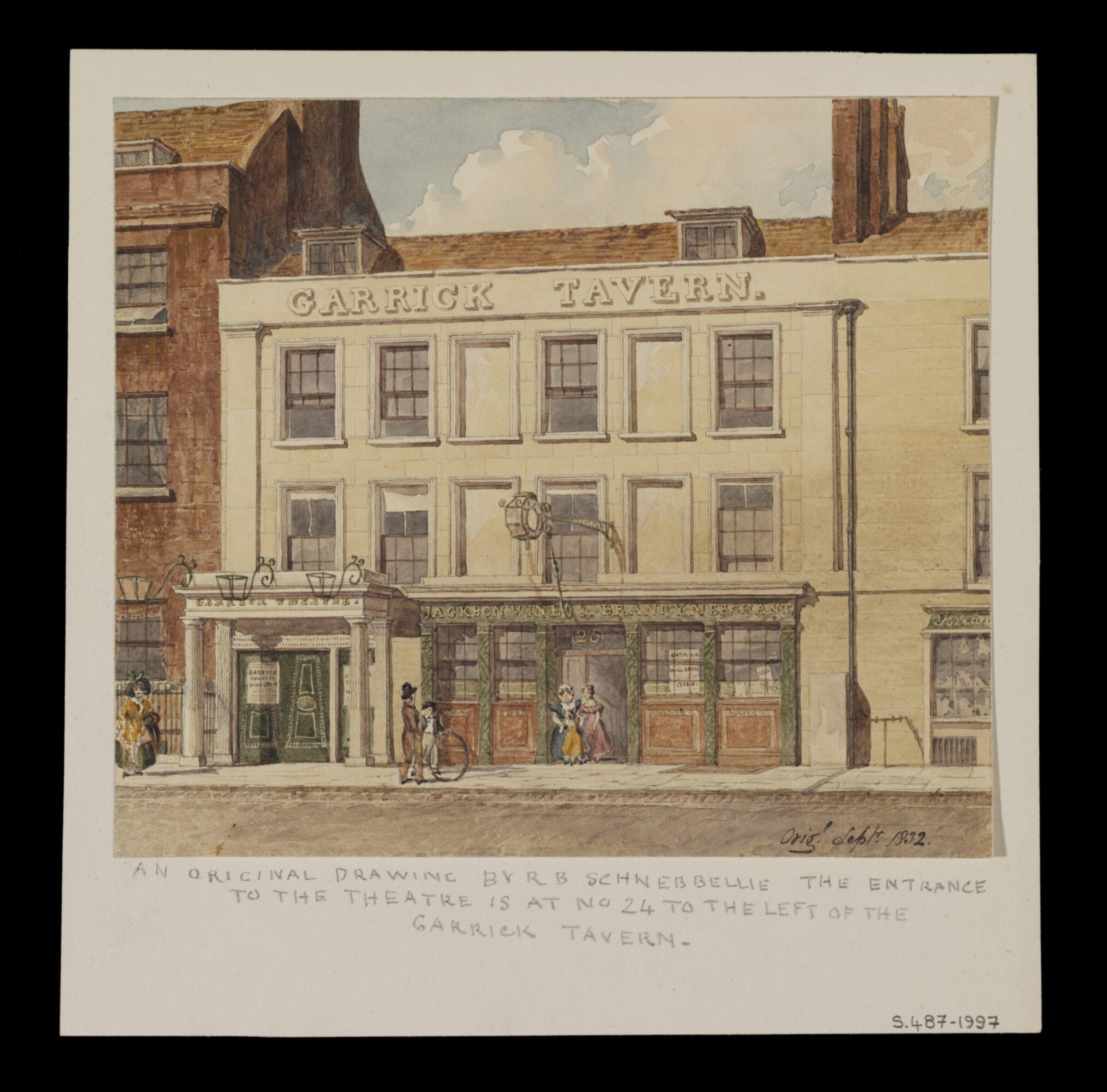Garrick Theatre and Tavern, London, 1832, Robert Blemmell Schnebbelie, 09/1832