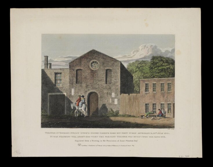 Theatre in Tankard Street Ipswich where Garrick made his first public appearance, 21st July 1741. It was standing till about 1800 when the present theatre was built upon the same site. top image