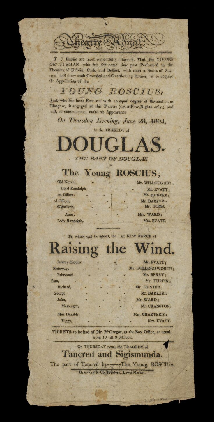 Playbill advertising William Henry West Betty, 'The Young Roscius', 1804 image