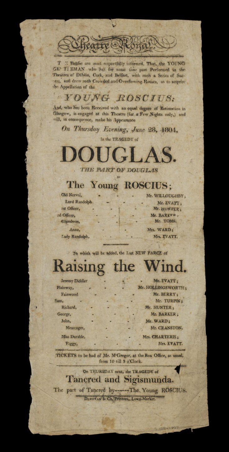 Playbill advertising William Henry West Betty, 'The Young Roscius', 1804 top image