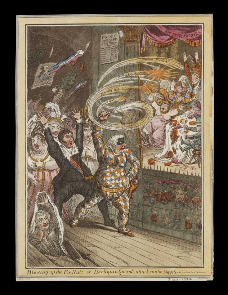 Blowing up the Pic Nic's [sic], or, Harlequin Quixotte attacking the Puppets top image