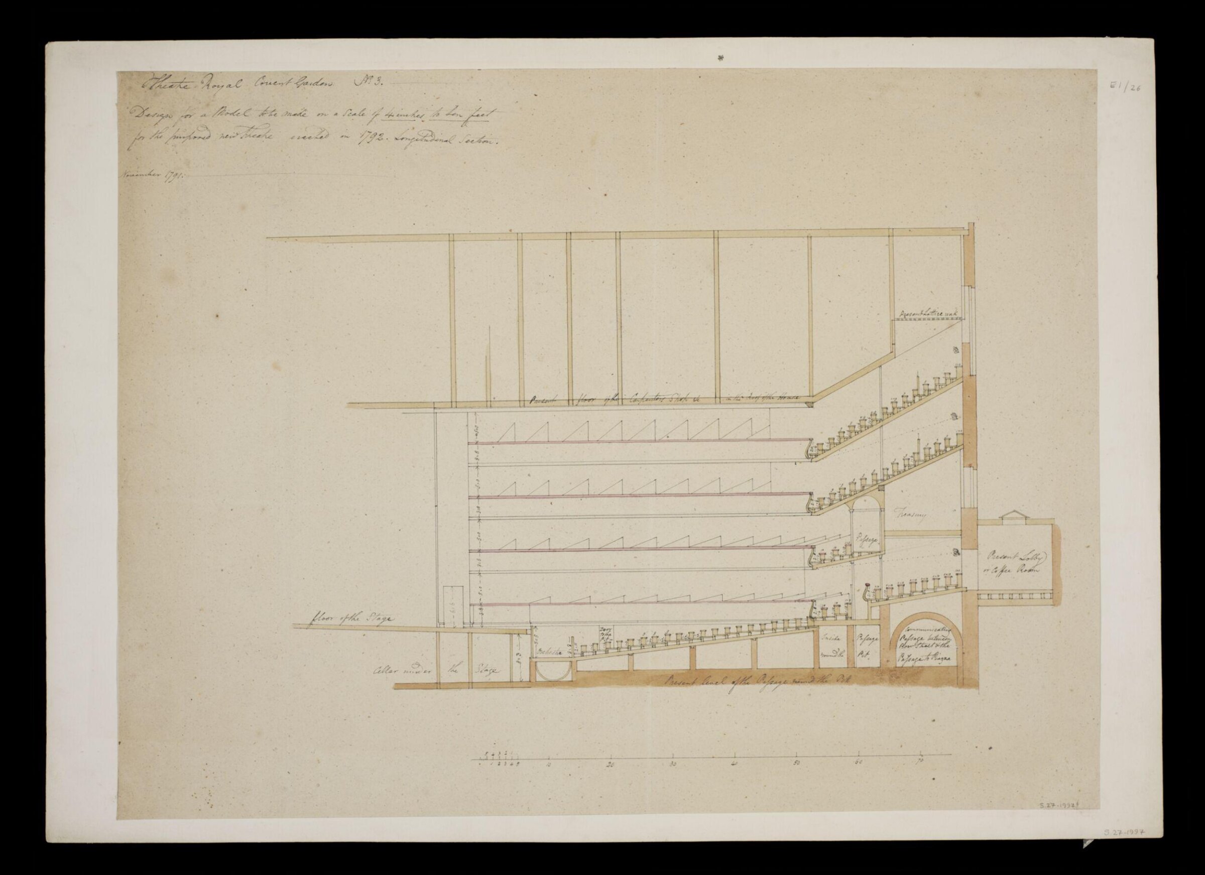 Theatre Royal Covent Garden No.3 Design for a Model to be made on a scale of 4 inches to ten feet for the purposed new theatre erected in 1792. Longitudinal section. November 1791, William Capon, 11/1791