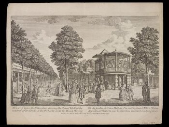 View of Vaux-Hall Gardens, shewing the Grand Walk at the entrance of the Gardens and the Orchestre with the Musick Playing