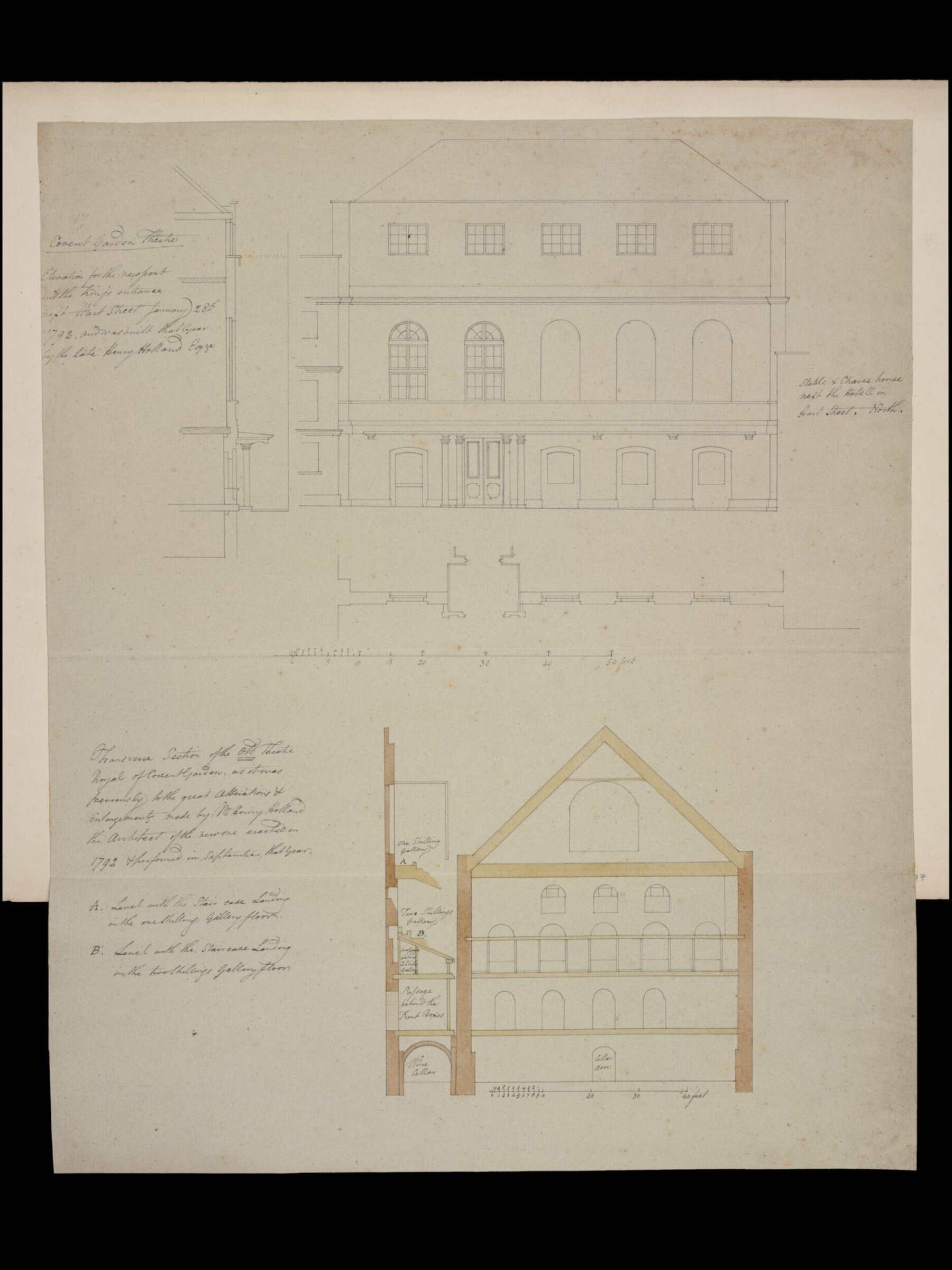 Covent Garden. Elevation for the new front and the King's entrance [and] Transverse section of the old Theatre Royal of Covent Garden, as it was previously to the great alterations and enlargements..., William Capon, 28/01/1792