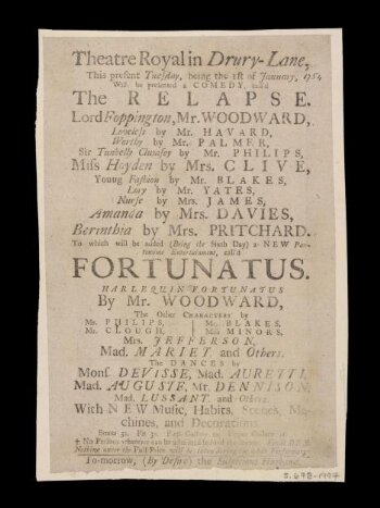 Playbill advertising The Relapse and Harlequin Fortunatus