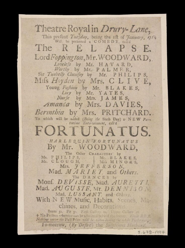 Playbill advertising The Relapse and Harlequin Fortunatus image