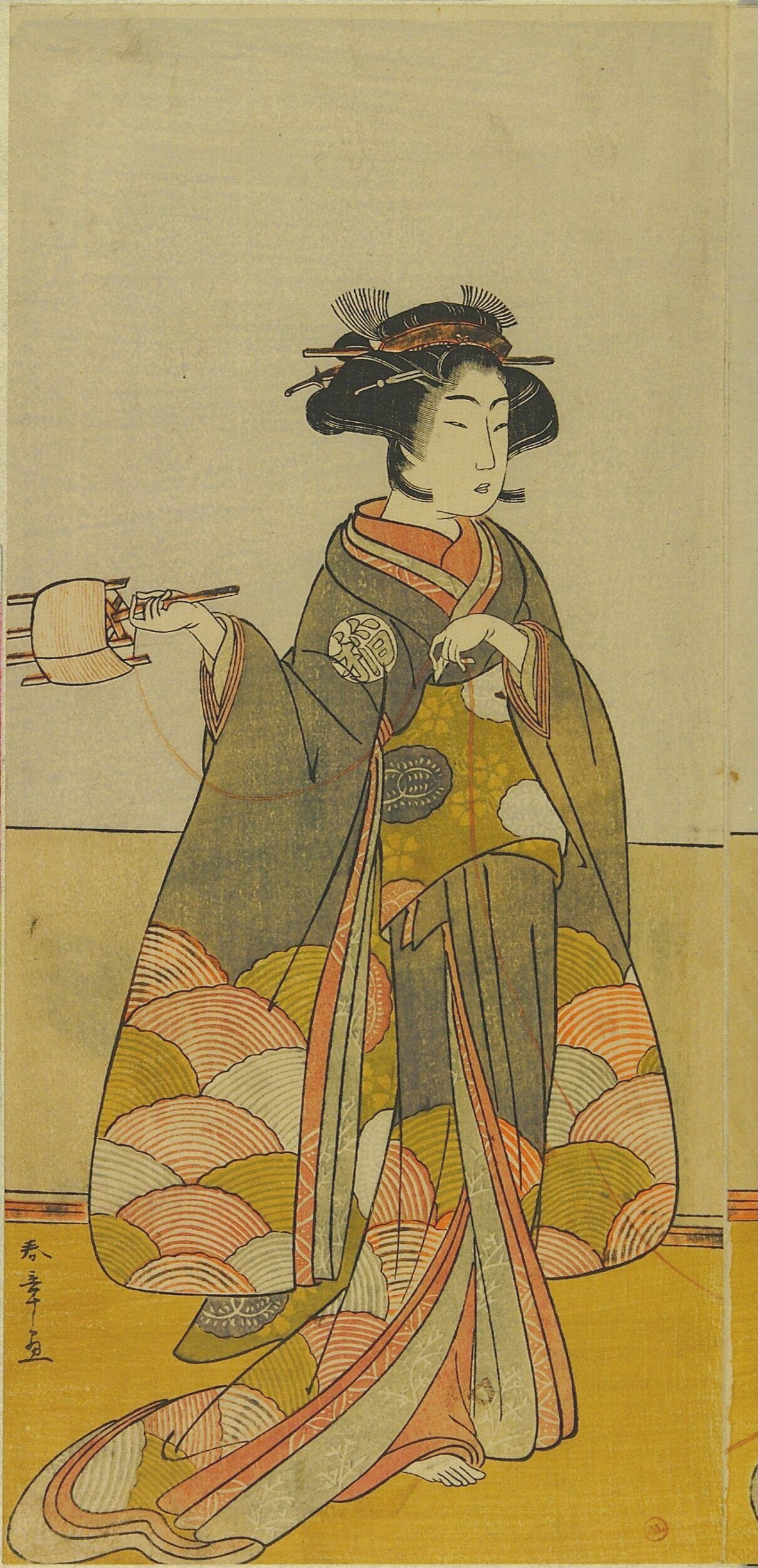 Onoe Tamizo I and Yoshizawa Iroha I as women holding spools by Katsukawa Shunshō