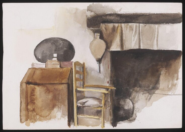 Study of a fireplace, a writing desk and a rush-seated ladderback chair top image