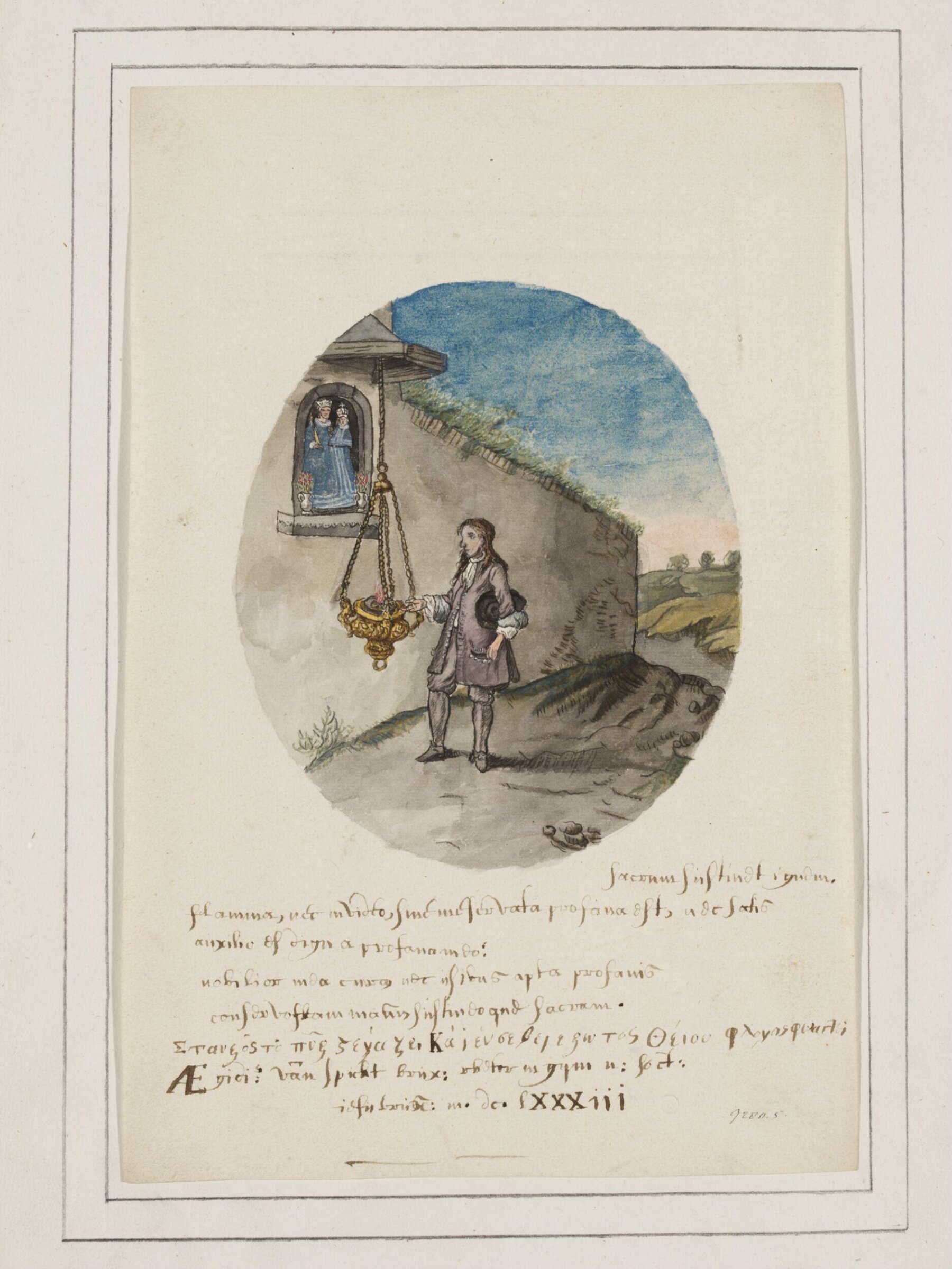 Country Shrine with a Man Attending to Hanging a Lamp, Joannes Carolus van Deijnum, 1683
