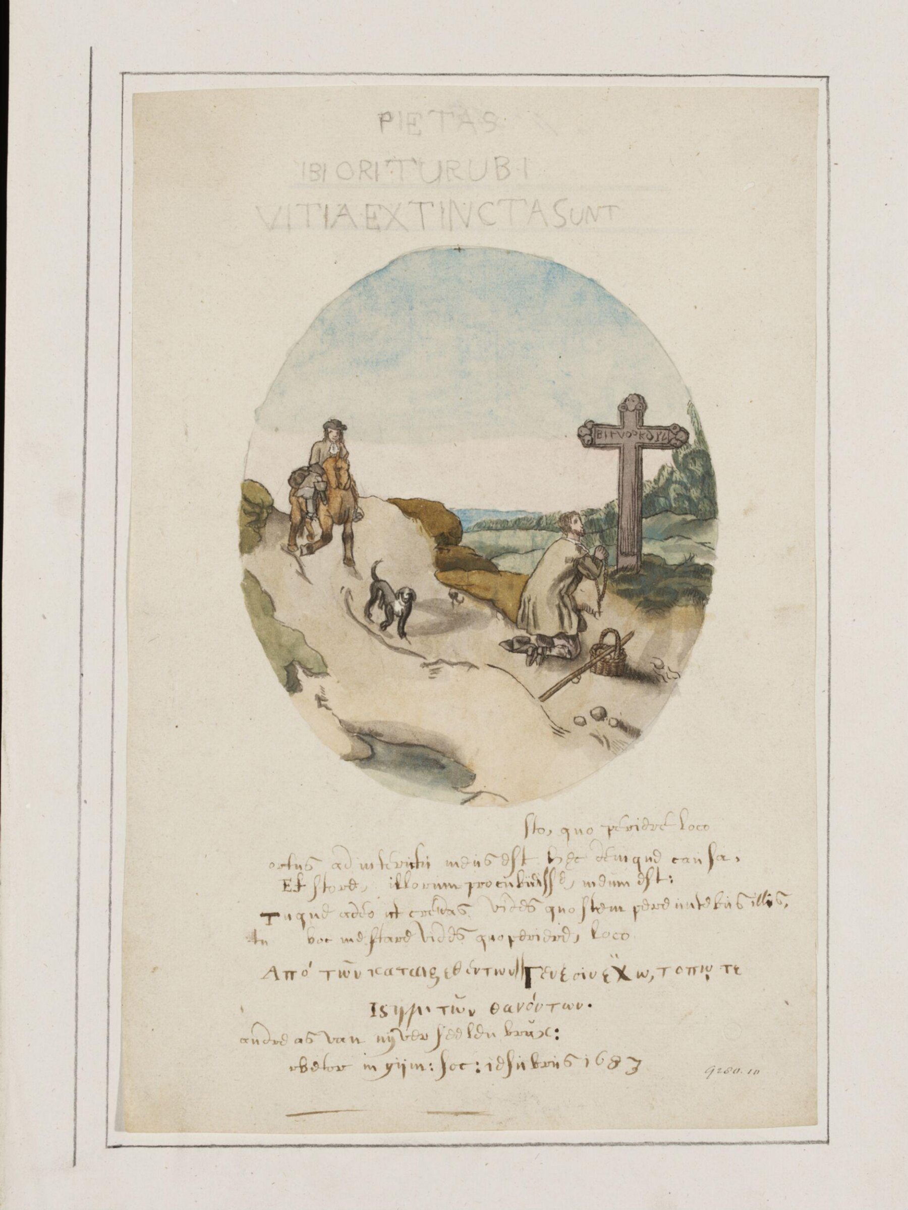 A Man Praying at a Wayside Cross, Joannes Carolus van Deijnum, 1683