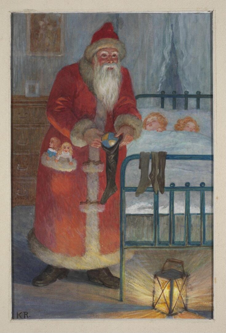 Father Christmas putting a ball into a stocking while children sleep top image