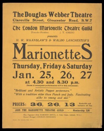 Poster advertising H.W. Whanslaw's and Waldo Lanchester's Marionettes at the Webber Douglas Theatre