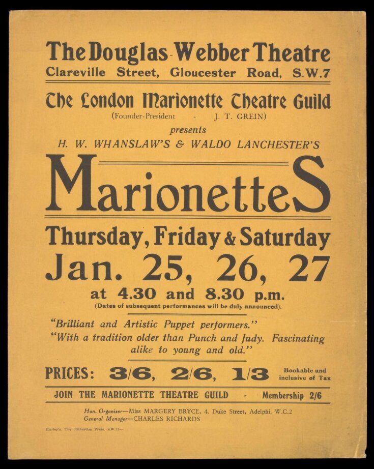 Poster advertising H.W. Whanslaw's and Waldo Lanchester's Marionettes at the Webber Douglas Theatre top image