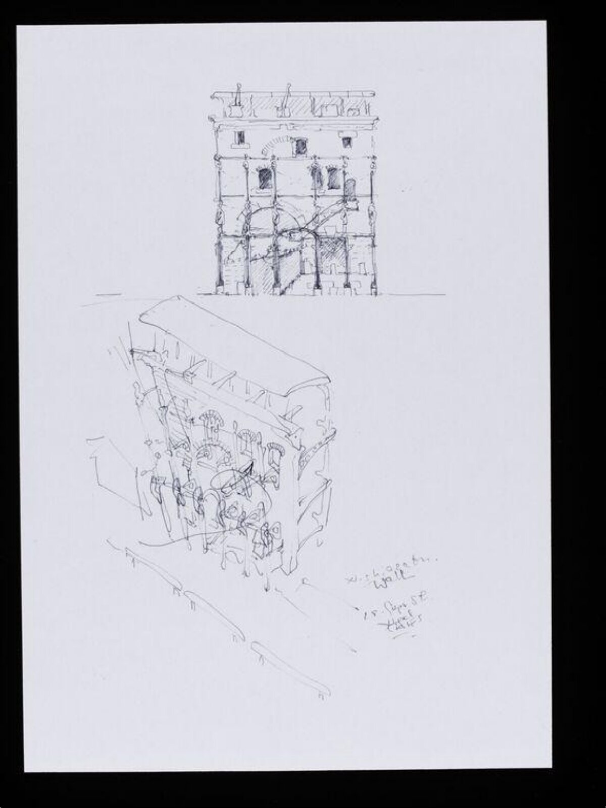 Designs for The Wall, Tokyo. Elevation and perspective view from above., Nigel Coates, 1989