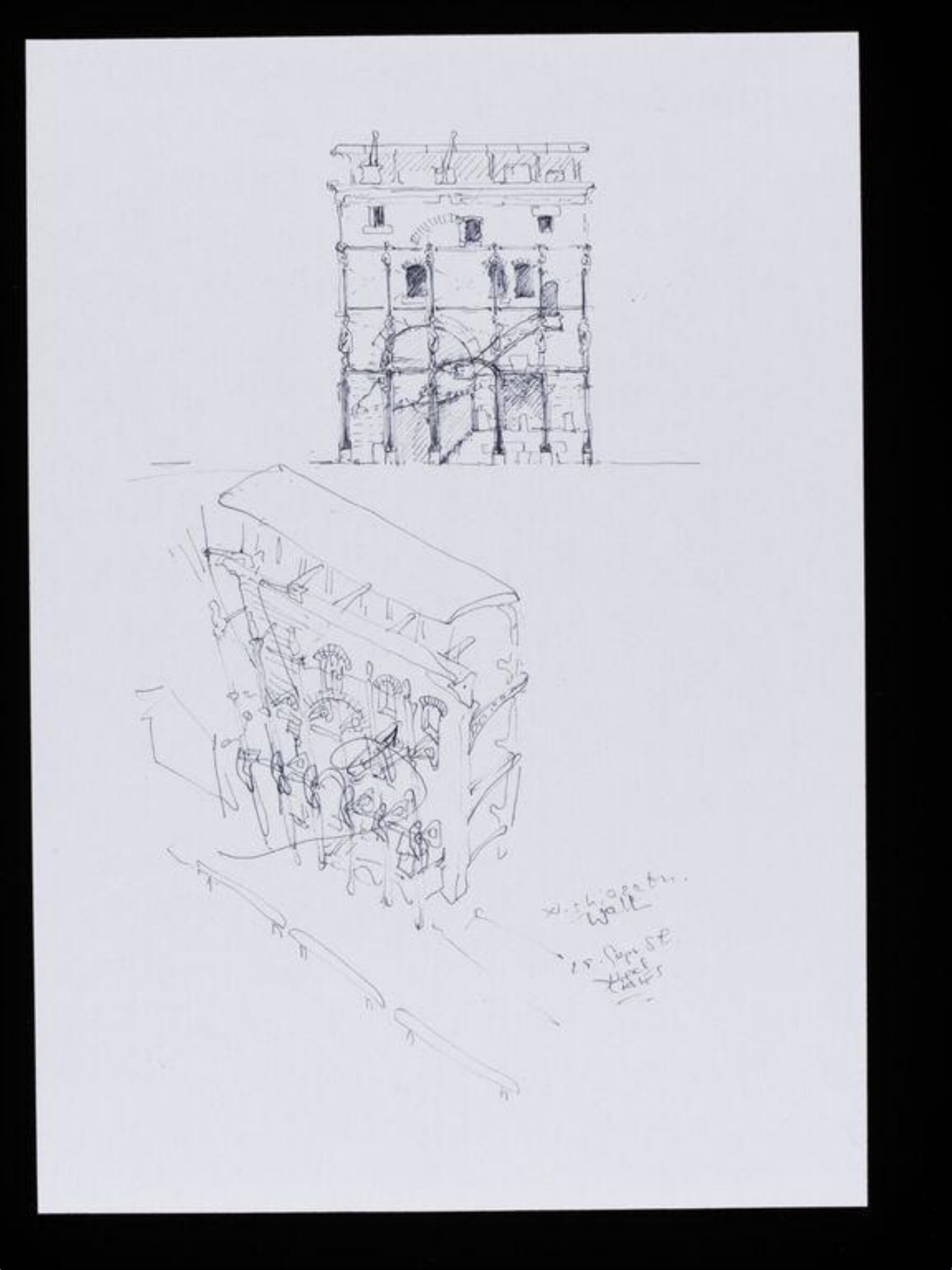 Designs for The Wall, Tokyo. Elevation and perspective view from above., Nigel Coates, 1989