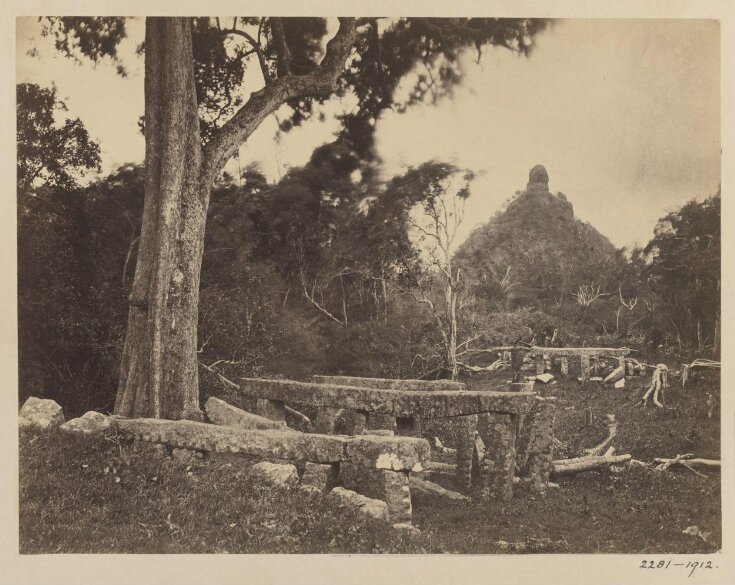 Anuradhapura- The Abhayagiri Dágoba. View from the north, with ruins of a stone bridge, 100 feet in length, constructed with rough stones 15 feet long, placed 5 feet apart and supported on rough stone uprights. The roadway was probably of wood. top image